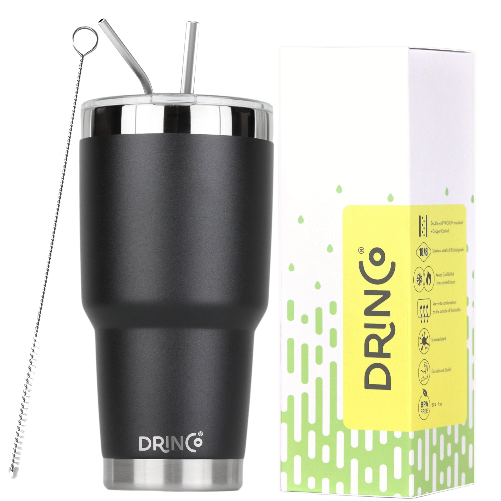 DRINCO® 30oz Insulated Tumbler Spill Proof Lid w/2 Straws (Black) - Elite Edge Coffee Company