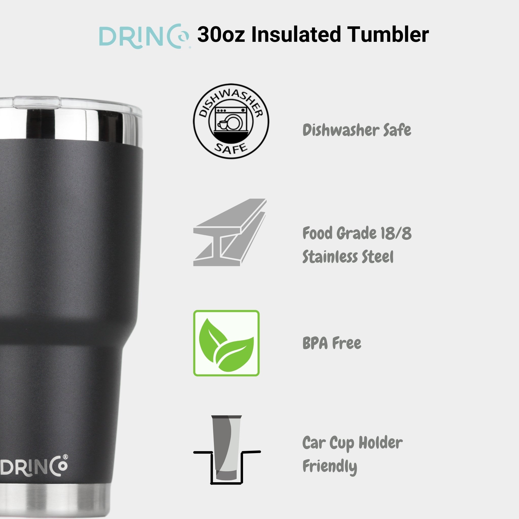 DRINCO® 30oz Insulated Tumbler Spill Proof Lid w/2 Straws (Black) - Elite Edge Coffee Company